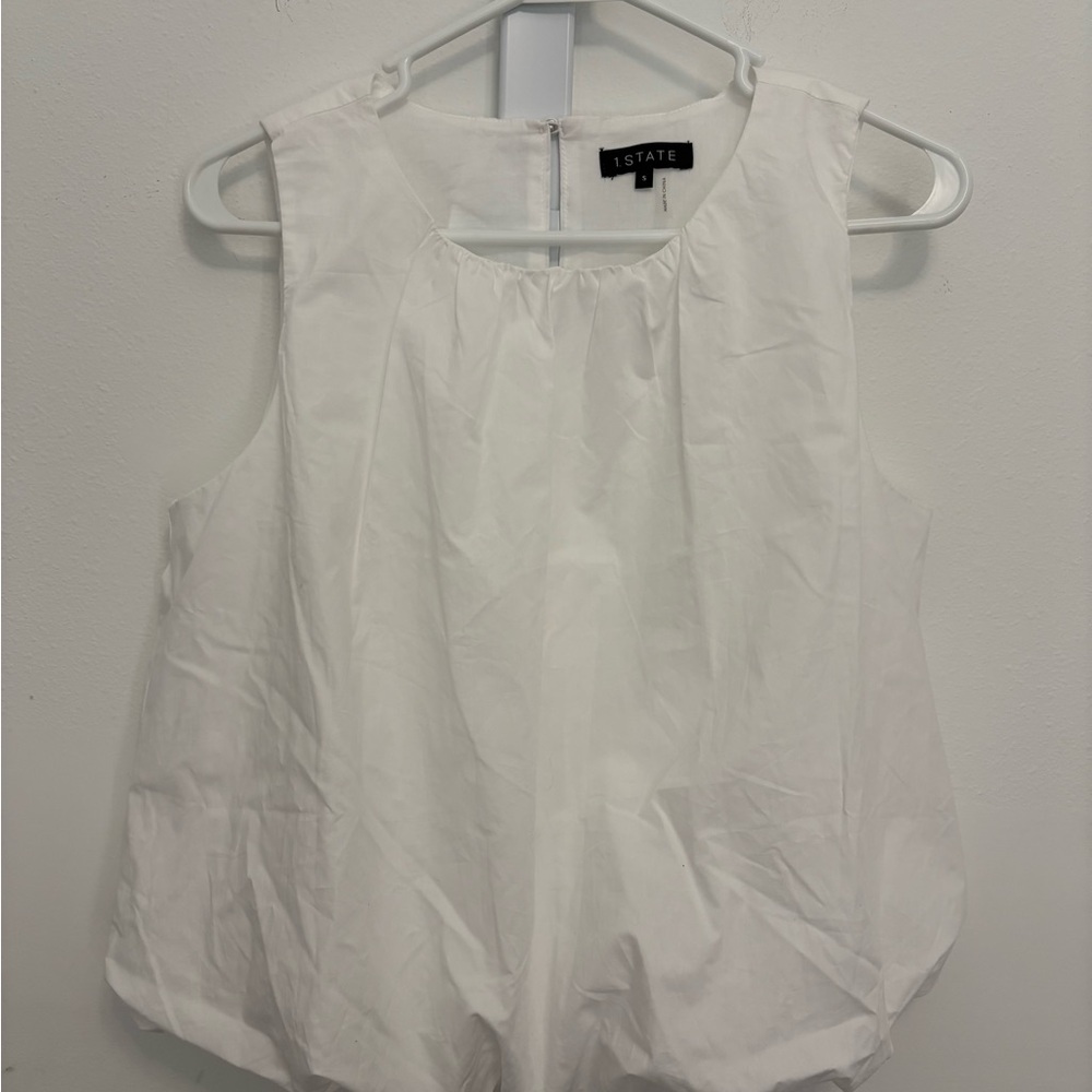 1. State 100% Cotton White Sleeveless Pleat Neck Bubble Blouse